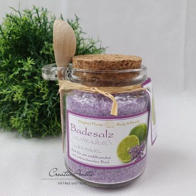 Natur-Badesalz Lavendel-Limone, 300g - Original Florex - dekorativ im Glas mit Holzlöffel
